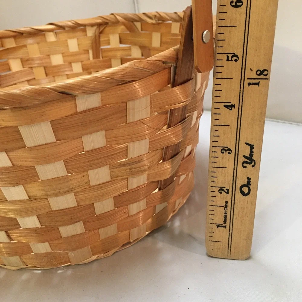 Woven Wood Splint Basket 11 Inch Natural Tan Round Tall Swing Handle Cottagecore